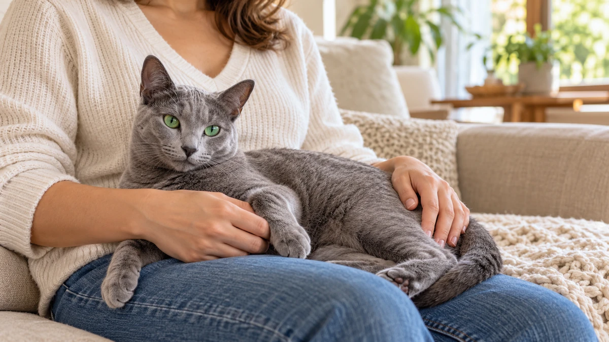 Mavi Rus Kedisi kedi — sahibinin kucağında