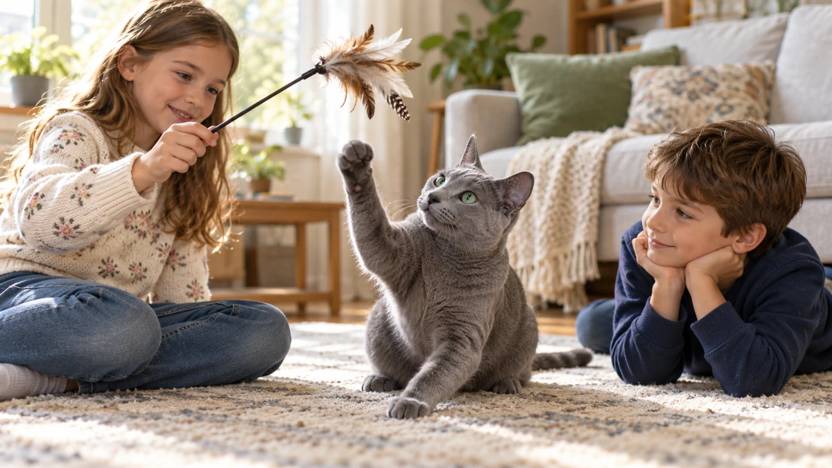 Mavi Rus Kedisi kedi — çocuklarla oyun