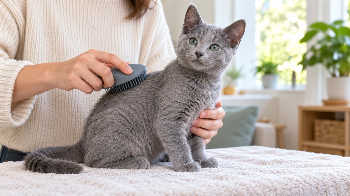 Mavi Rus Kedisi yavru kedi — tüy bakımı ve fırçalama
