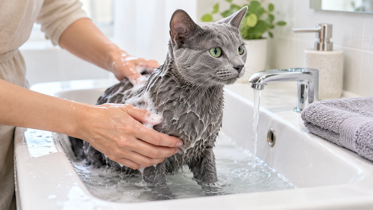 Mavi Rus Kedisi kedi — banyo ve temizlik