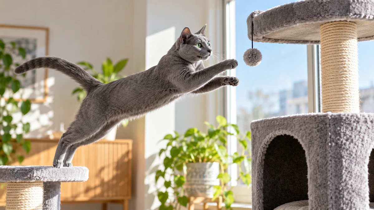 Mavi Rus Kedisi kedi — oyun ve egzersiz anı